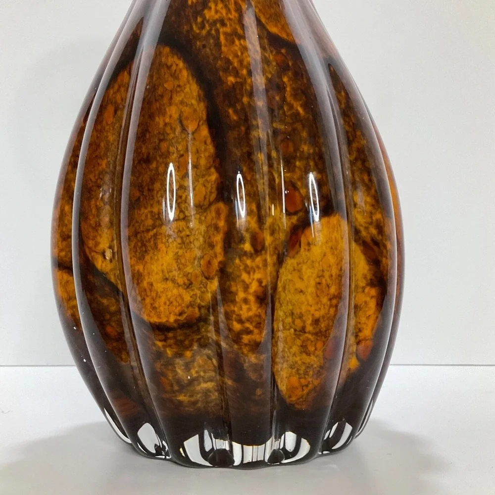 Handblown Vintage Tulip Vase Tiger‎ Eye Brown Fluted White Contrast Home Decor
